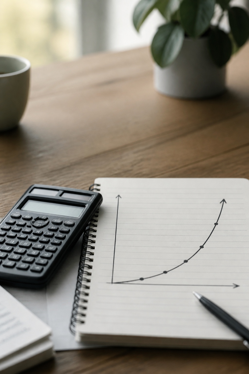 A savings curve drawn by hand in a notebook beside a pocket calculator