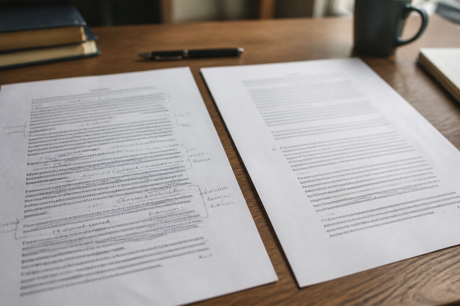 Two printed drafts of the same article lying side by side on a desk, one marked up in pencil