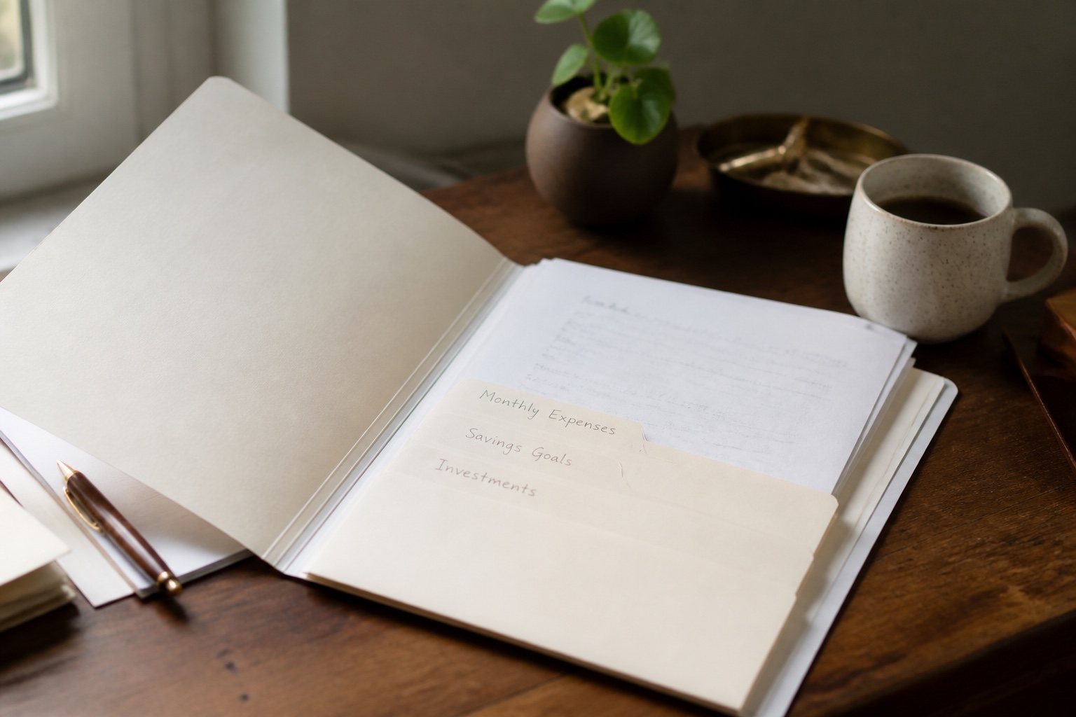 An open card folder with three labelled paper dividers and a few typed sheets inside