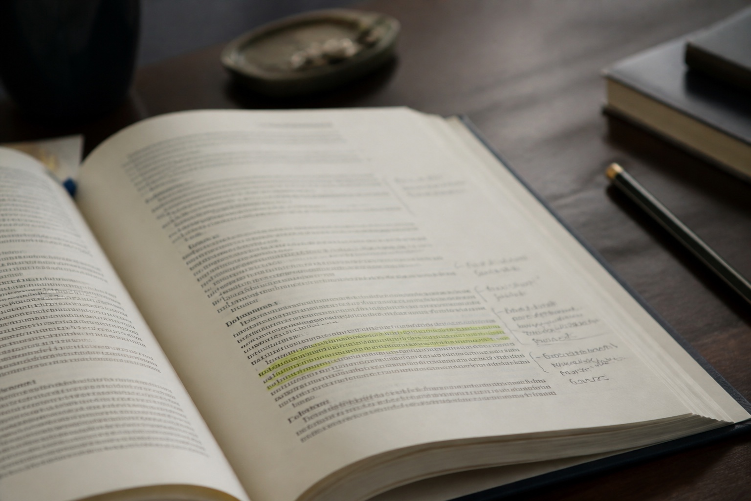 An open reference book with pencil notes written in the margin beside a highlighted entry