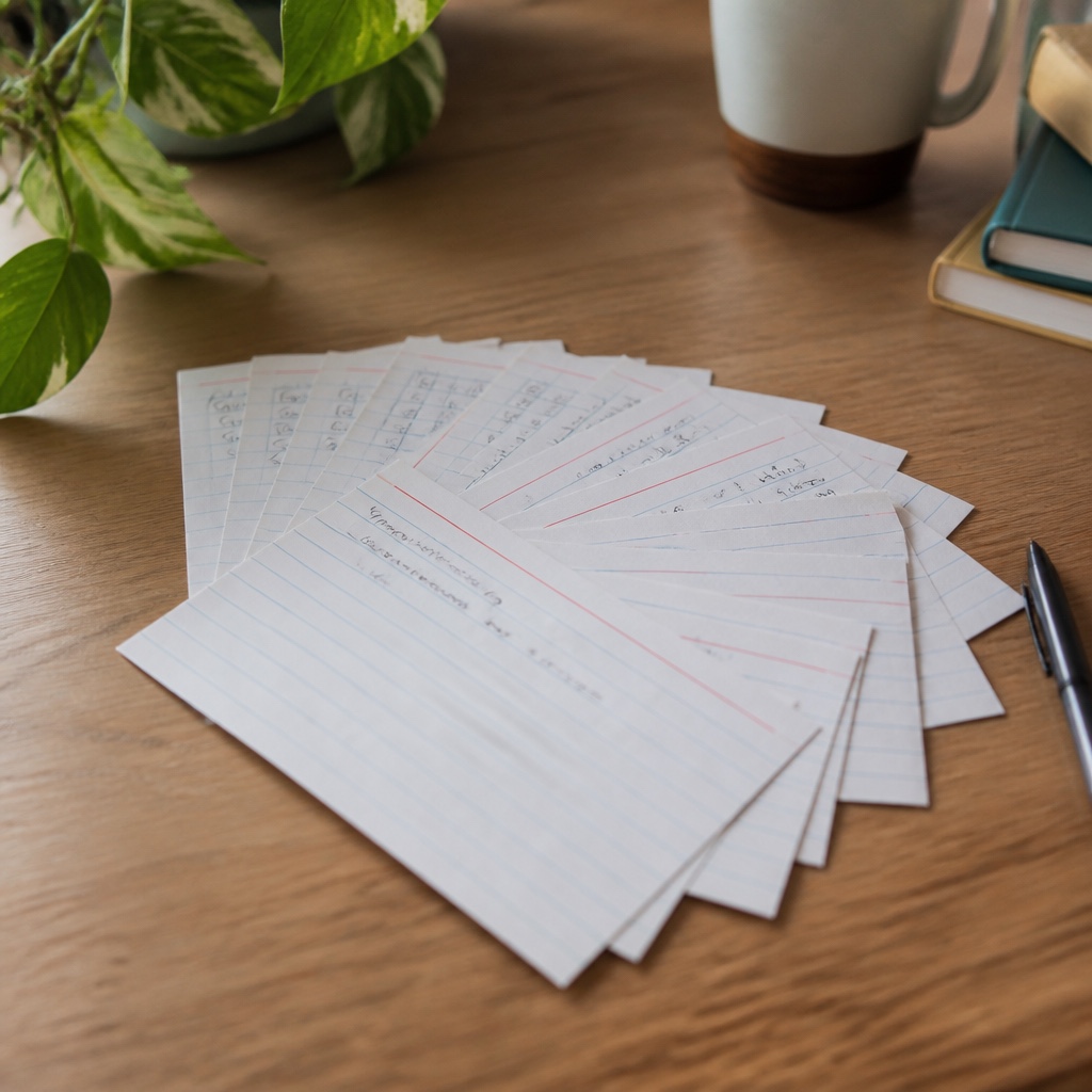 A fan of handwritten index cards spread across a plain wooden desk