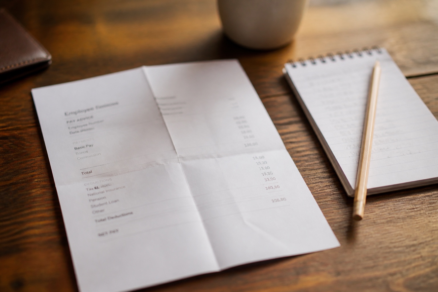 A folded printed payslip on a table with a pencil and a small notepad beside it