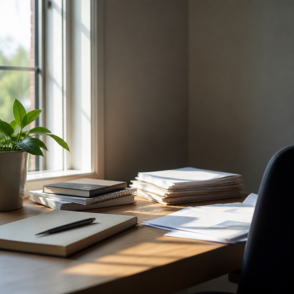 A wooden desk by a window in the late afternoon, a printed service contract open with a pen resting on the signature page and three sticky tabs marking the payment, scope and termination clauses