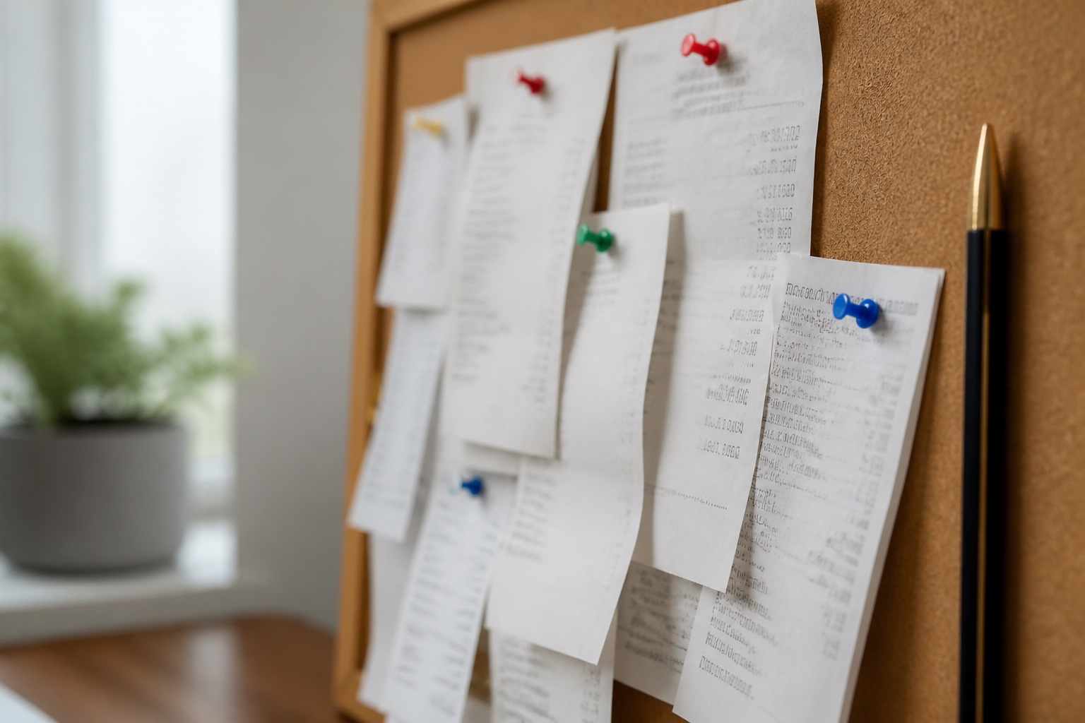 A cork board with paper receipts pinned in overlapping rows beside a pencil