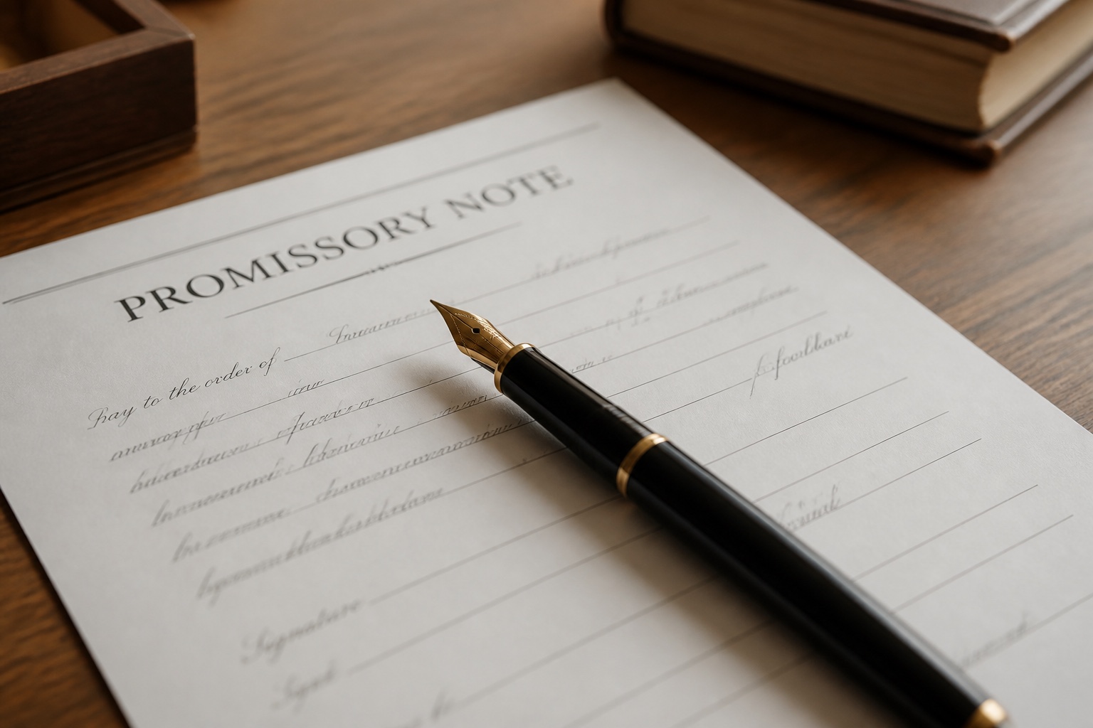 A printed promissory note lying on a desk with a fountain pen resting across it