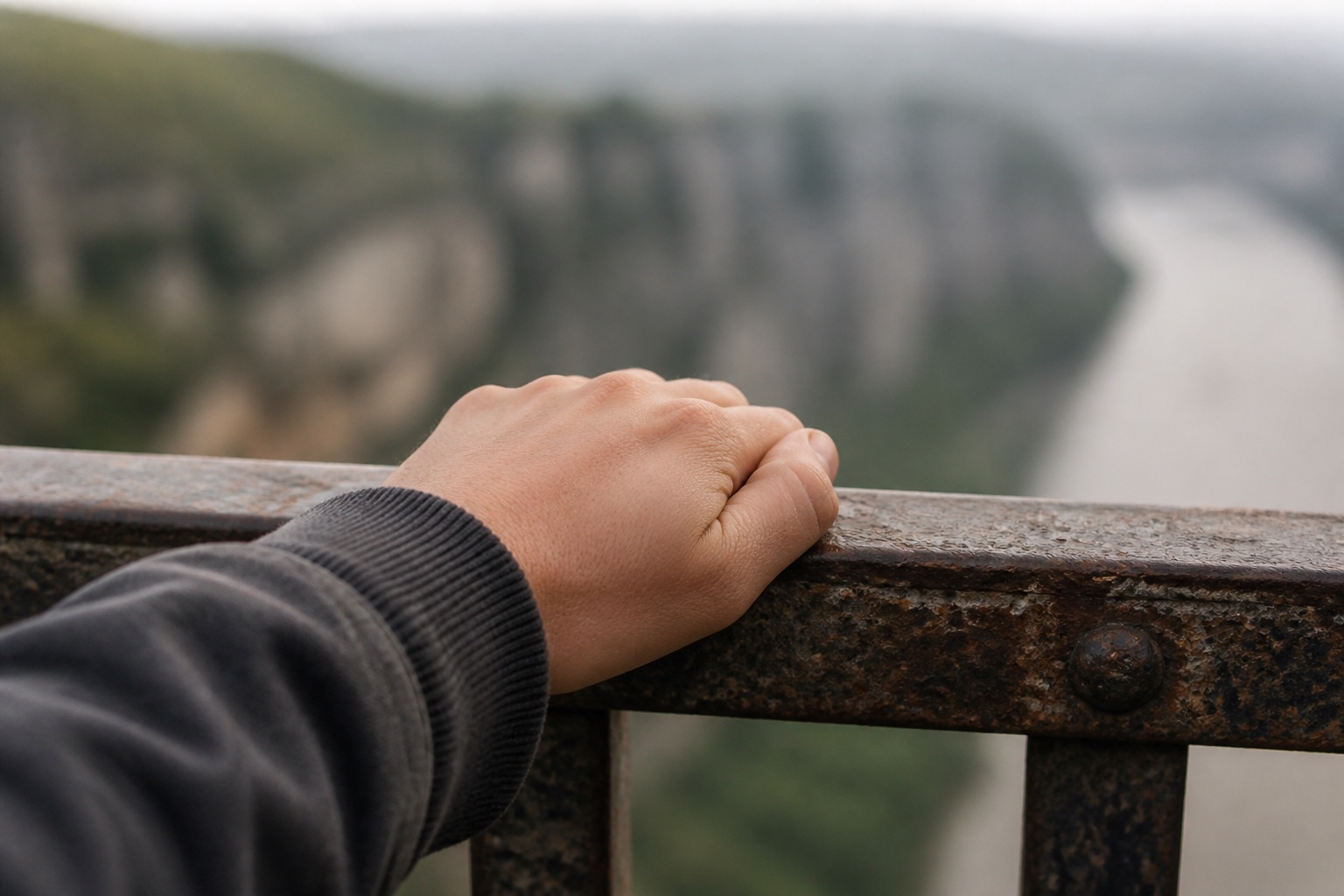 A hand resting steadily on a weathered metal railing above a long drop