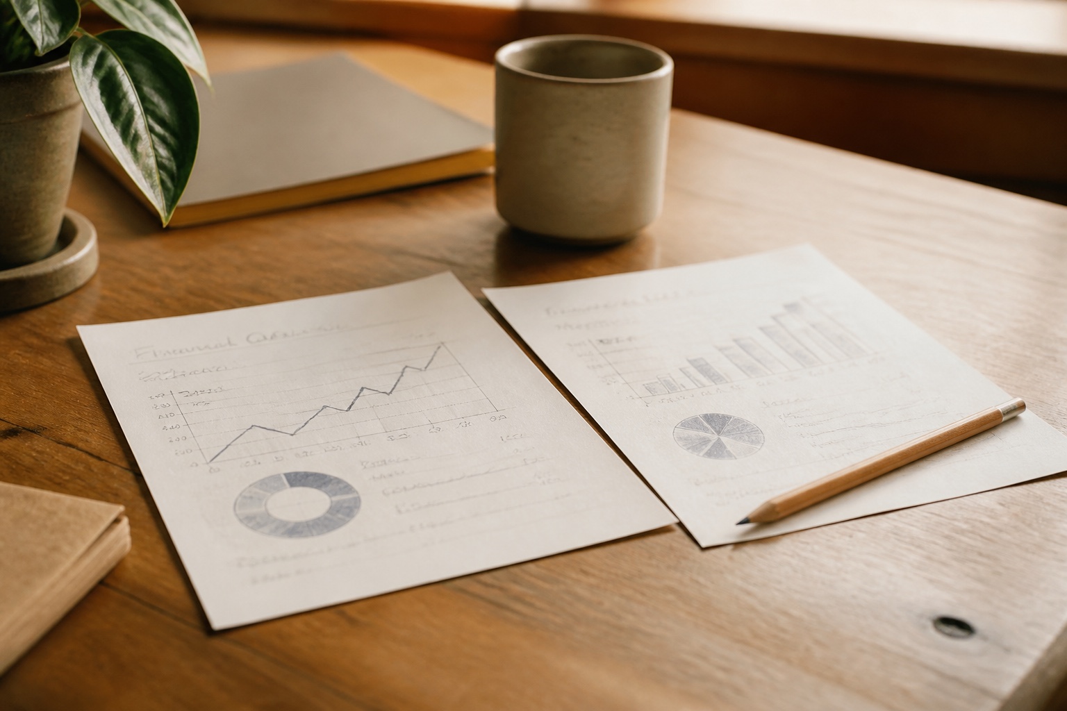 Two printed fund factsheets lying side by side on a desk with a pencil across one corner