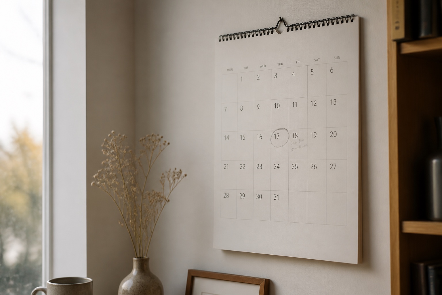 A paper wall calendar with one date circled in pencil and a note written beside it