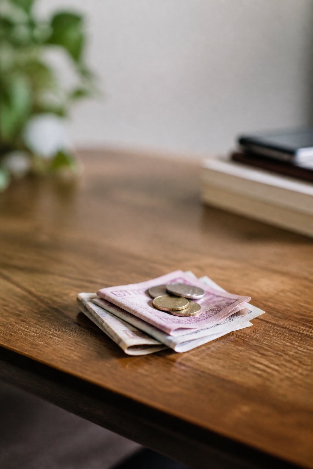 A wooden desk in late afternoon light, a laptop open on a spreadsheet with a column of percentages, a paper capitalization table beside it, a pen resting on the page, shot from slightly above at a...